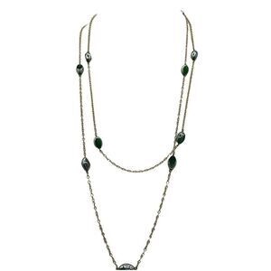 Vintage Mr. We 1970’s green glass gold tone long necklace.